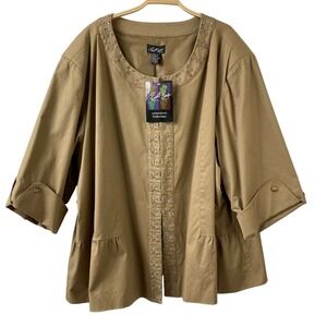 Russell Kemp Catherines Embroidered Trim Swing Jacket Women 5X Tan Cottage NWT